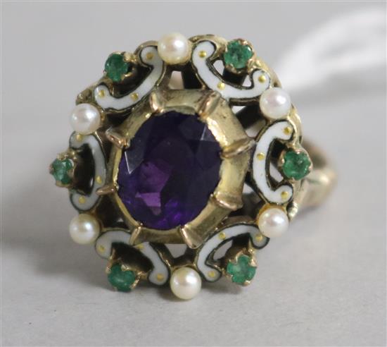 A 1970s Victorian style 9ct gold, amethyst and enamel dress ring, size P.